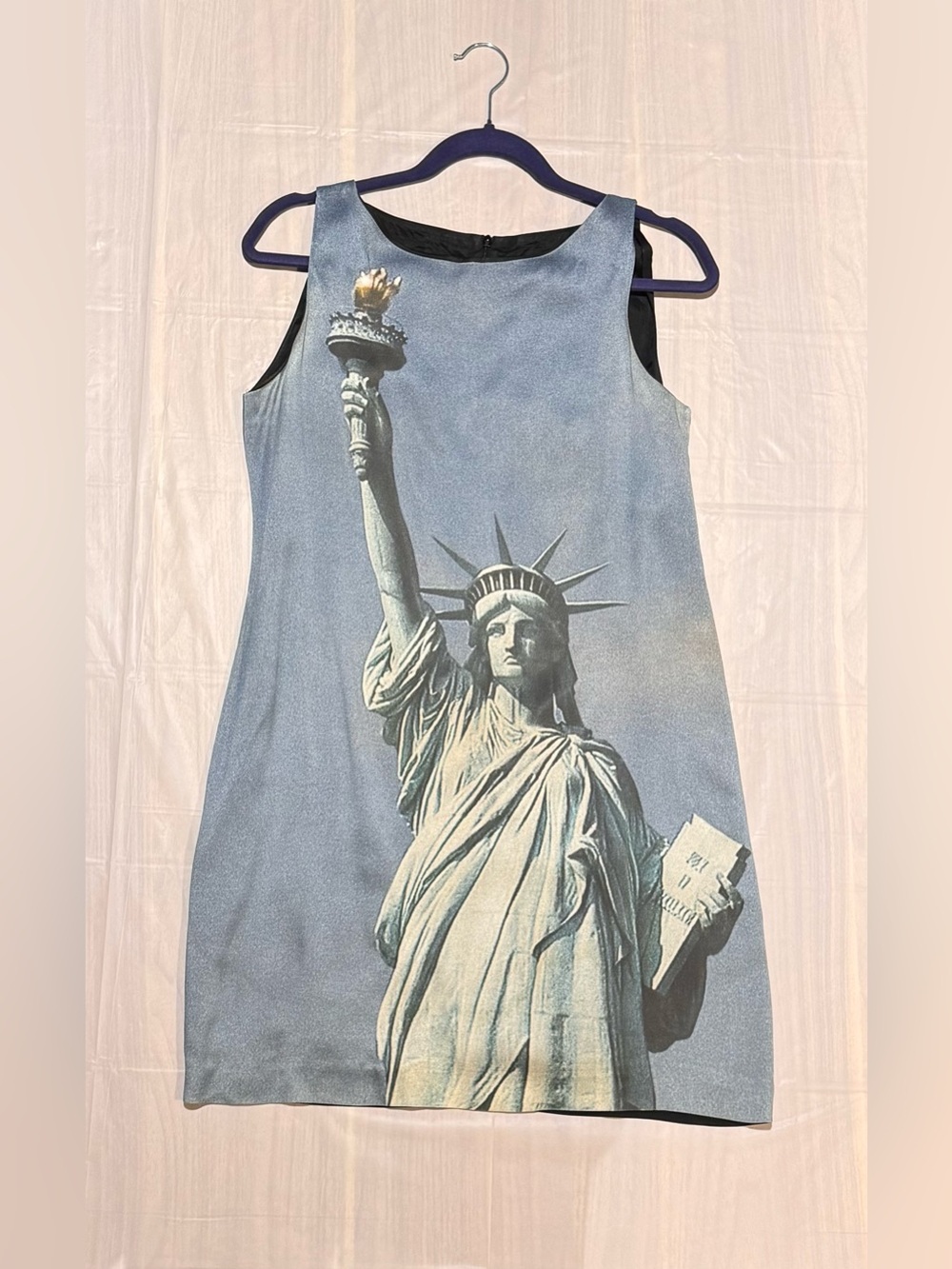 Moschino Light Blue Mini Dress with Statue of Liberty Graphic and Gold Torch